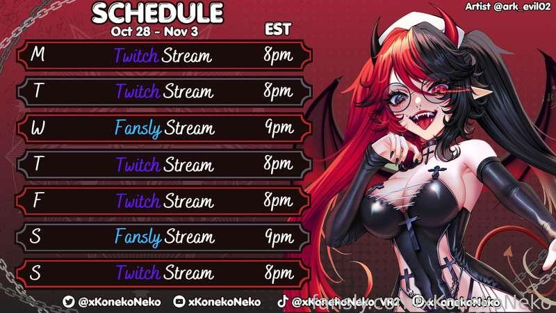 schedule for the weeeek :3 I'll be streaming everyday this week, hope to see you cute beans around &lt;3

All my socials can be found in my carrd~
https://xkonekoneko.carrd.co/

#vrchat #vr #anime #succubus #vtuber #lewdtuber #fyp
