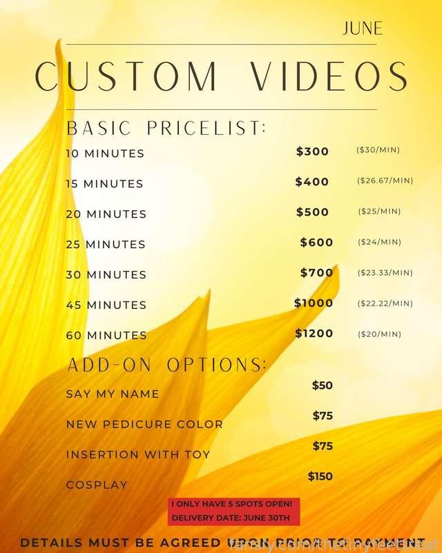 June custom video orders are now open!
DM me to get started on your order!
***I only have 5 spaces available!***
Videos delivered by June 30th.
Details MUST be agreed upon prior to payment.