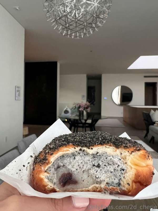 Black sesame cream donut with mochi and red bean 🤤