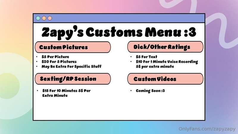 Here's my Customs Menu!!! I'll probably add/change things in..