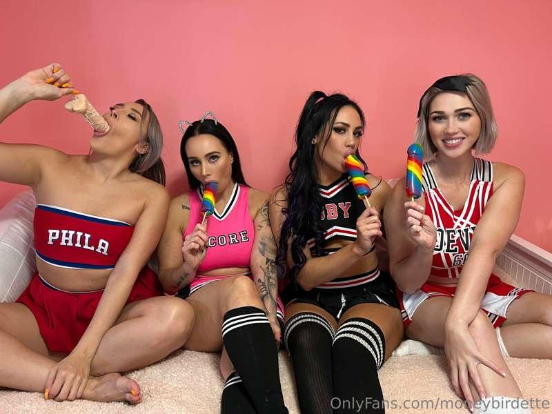 With my friends in cheerleader outfits, we use a rainbow col..