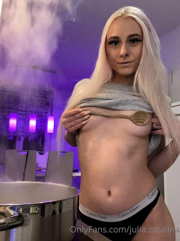 rip this wooden spoon away from me and just lick my tits.. e..
