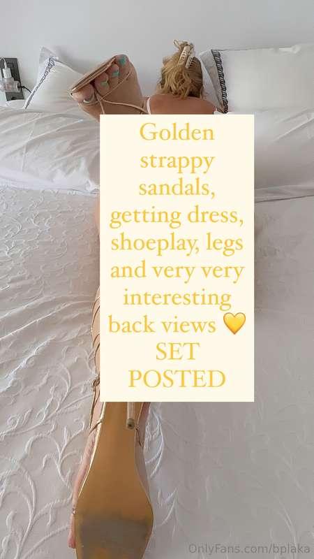 Golden strappy sandals, getting dress, shoeplay, legs and ve..