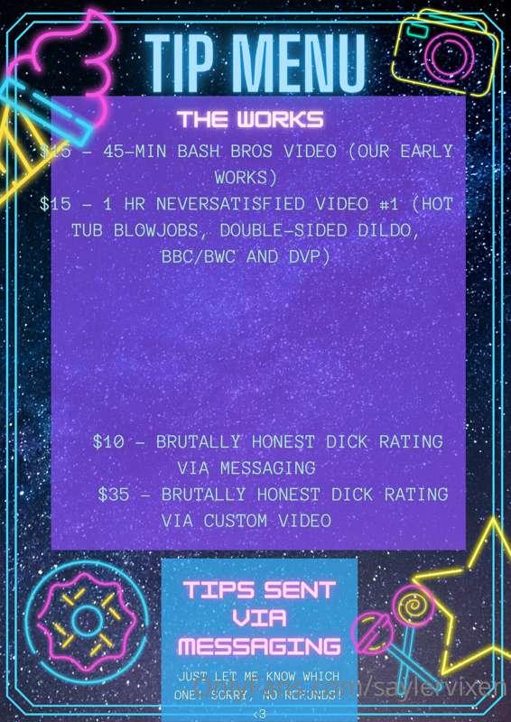 TIP MENU - The Works🖤
$15 - 45-min Bash Bros video
$15 - 1 h..