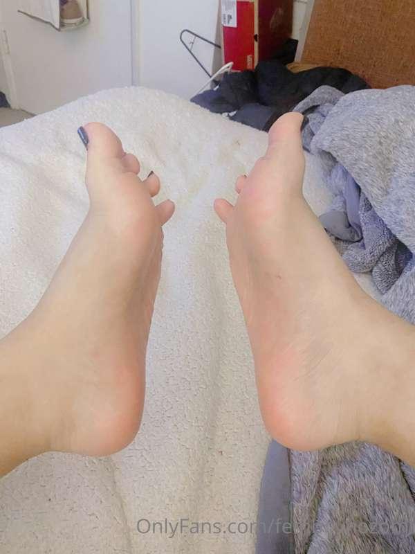 My soft bare feet are ready to grip your hard cock ~