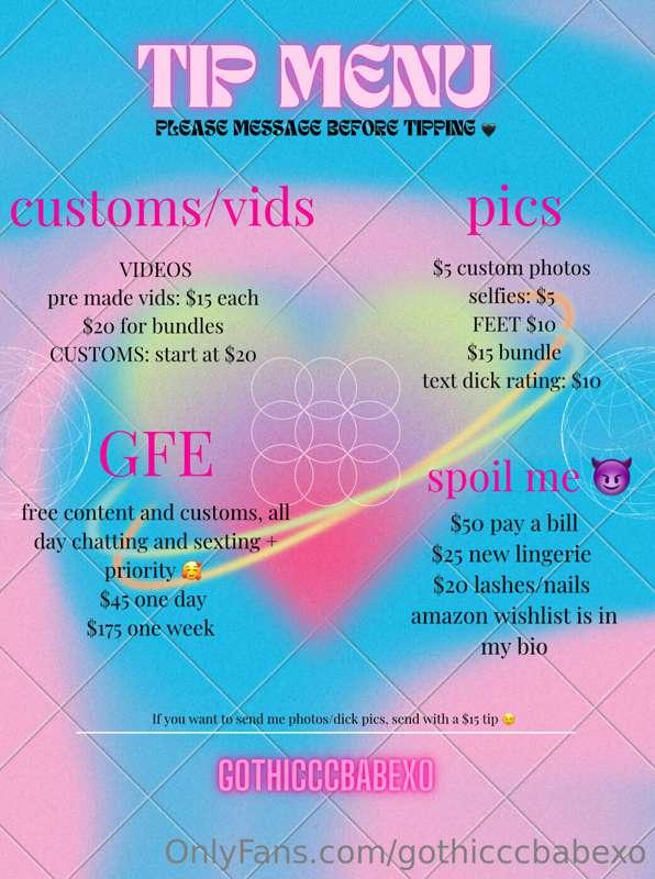 okay new updated tip menu! short and sweet. like me 😇 
DM if..