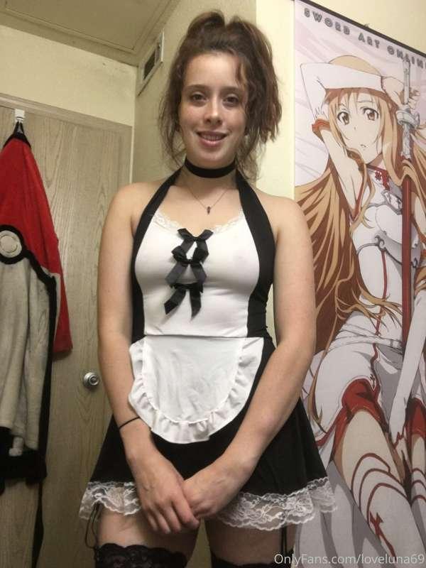 Cute high little stoner girl in a maid cosplay