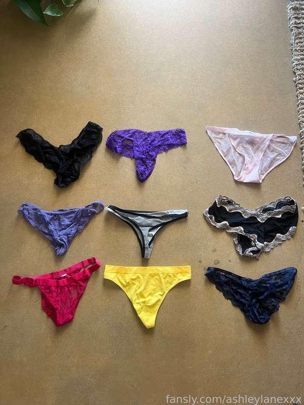 Selling all these panties! $100 each and I can not only wear them but if you want I can piss in them too! Message me if you want a pair plus I'll do a $50 video rubbing them into my pussy as well if you want one. 😜