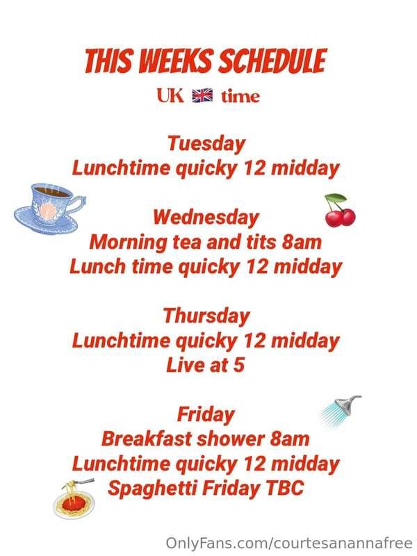 This weeks schedule on @courtesananna 
It’s only $5 to see m..