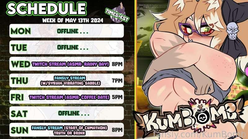 ✨ Stream Schedule for this week! ( May 13th - 19th ) ✨

Links for streams:
https://fansly.com/live/KumBomb
https://www.twitch.tv/kamilabombette

#fyp | #vtuber | #lewdtuber | #anime | #ass | #boobs | #hentai | #goth | #thicc | #bigass | #pawg | #asmr | #eroticaudio