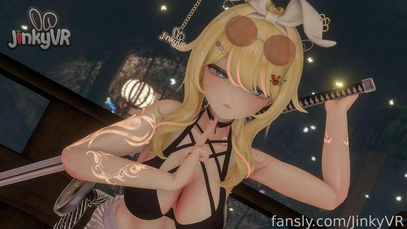 🐇Give me your candy.. or I'ma start slicing~🐱‍👤

📸 Single Photo 📸
___________________

Alt text: Bunny girl is in a ninja pose with her left hand on the handle of her sword.