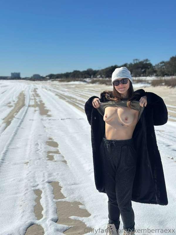 We’re all alone on the snow covered beach & I’ve got my tits..