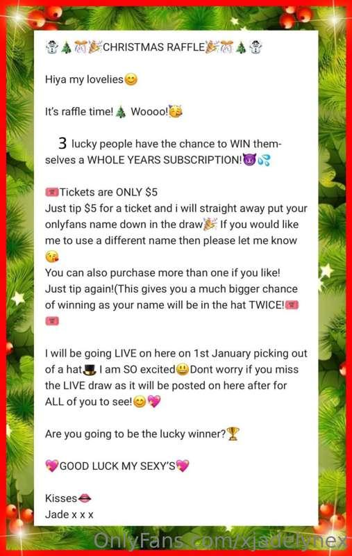🎊❤️🎄DON’T FORGET THE CHRISTMAS RAFFLE‼️🎄❤️🎊

3 lucky people ..