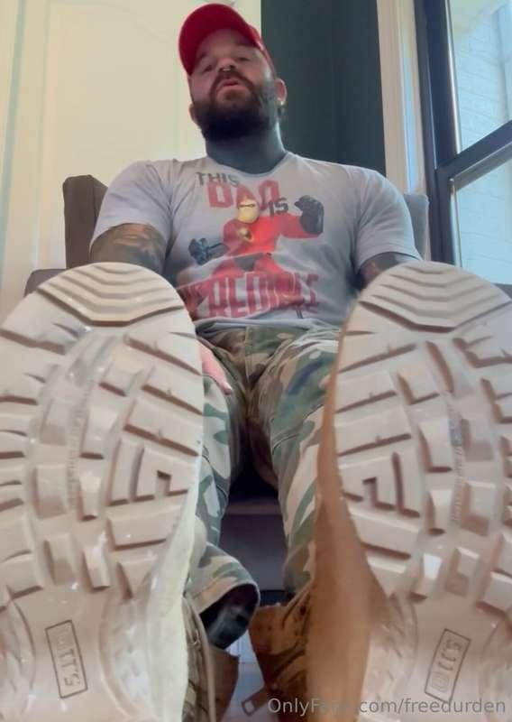 Watch dad take off his work boots and dirty sucks and stretc..