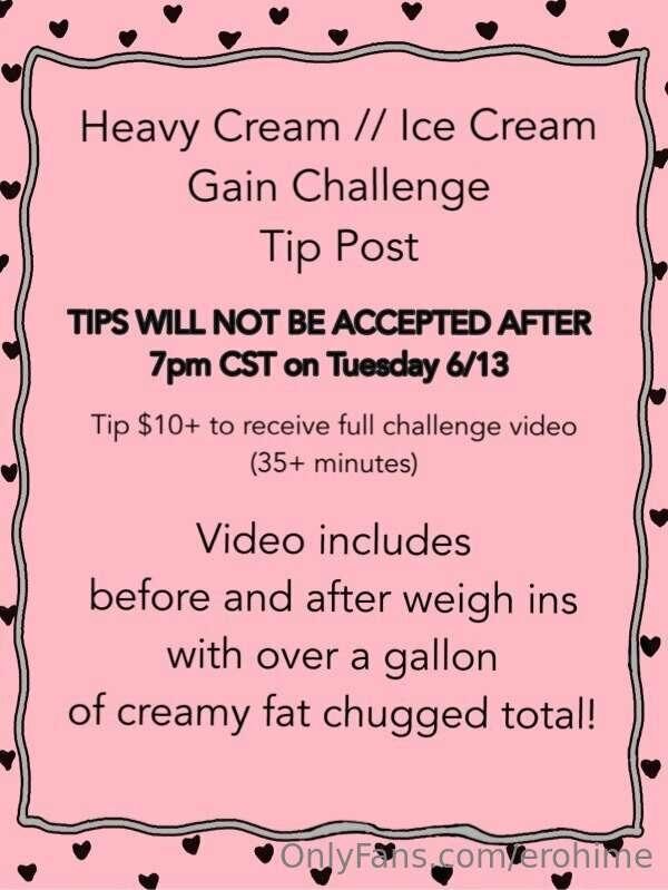 Heavy Cream/Ice Cream Gain Challenge Tip Post! 

Tip $10+ to..