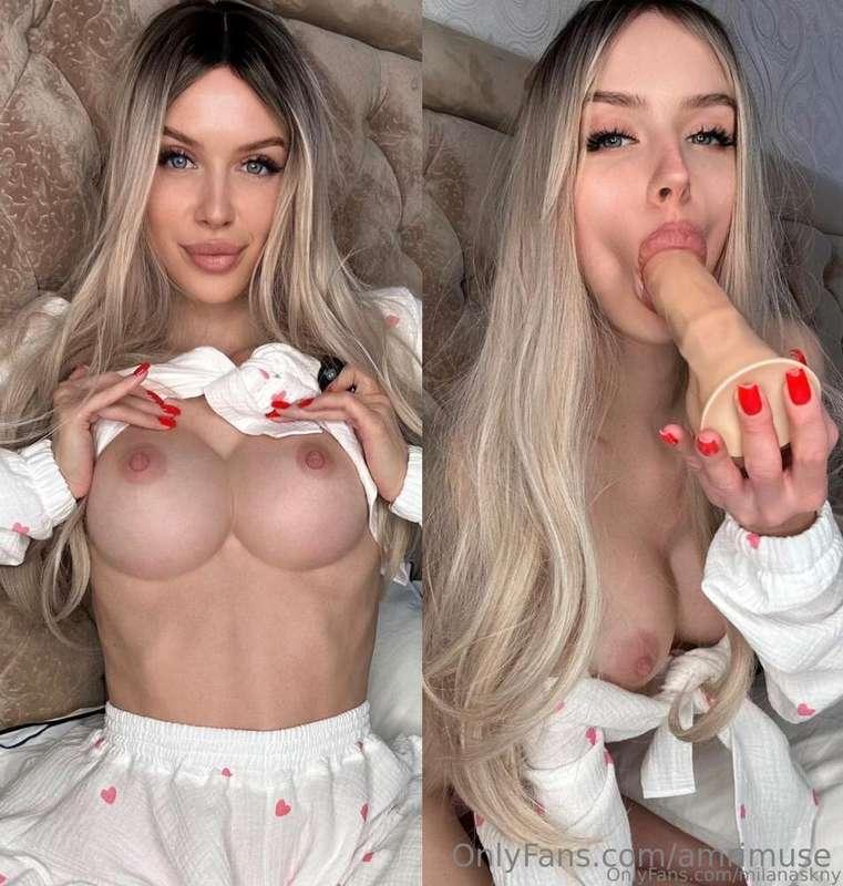 Sexy blonde with big tits 🔥 @sknymilana She loves sucking co..