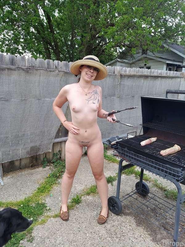 Outdoor nudist grilling. I'm going to get porked later while my eunuch watches... I mean, eat pork. That's it... eat pork lol. 

#fyp #outdoors #nude #smalltits #ass 