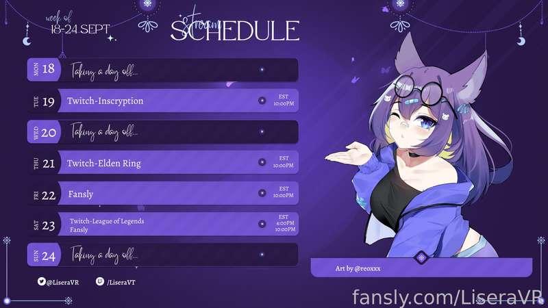 ♡Stream Schedule 09.18-09.24♡
︵‿︵‿୨♡୧‿︵‿︵ 
❥Twitch: https://twitch.tv/liseravt
❥Twitter: https://twitter.com/LiseraVR
❥Wishlist: https://throne.com/lisera/wishlist
❥Discord: https://discord.com/invite/JjtuxR9d9q