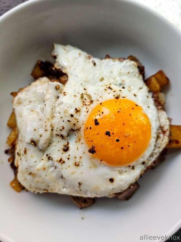 Made steak and egg hash