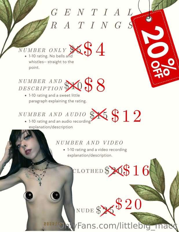 ❗️LAST FEW DAYS❗️

Genital ratings 20% off🍆💦
THROUGH➡️Januar..