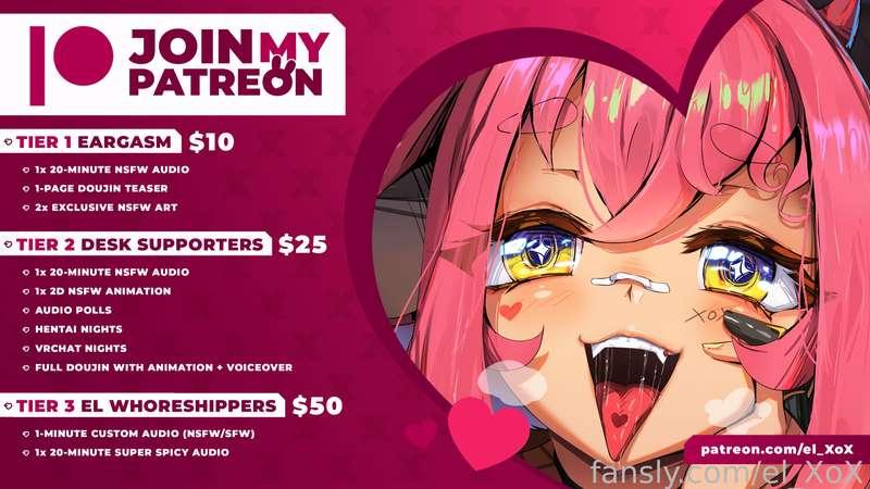 A friendly reminder that ALL of my camming stuff is on FANSLY and all of my AUDIO stuff and 2D art work is on my Patreon!! ❤

Support me on Patreon if you can!! ₍ᐢ. .ᐢ₎
♡ Over 70 audios
♡ Over 100 spicy art
♡ Hentai Nights
♡ VRChat Nights
♡ 2D animations
♡ "CAMMING WITH EL" voice overed doujins, real life events that happens during my livestreams!
♡ CUSTOM AUDIOS

⋮♡ PATREON → https://www.patreon.com/el_XoX