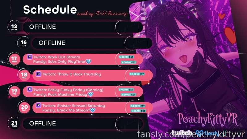 📅 SCHEDULE FOR January 15TH - 21ST 📅

♡ TWITCH ➡️ twitch.tv/peachykittyvr
♡ LINKS ➡️  https://peachykittyvr.carrd.co/


#fyp #hentai #vtuber #lewdtuber #streamer