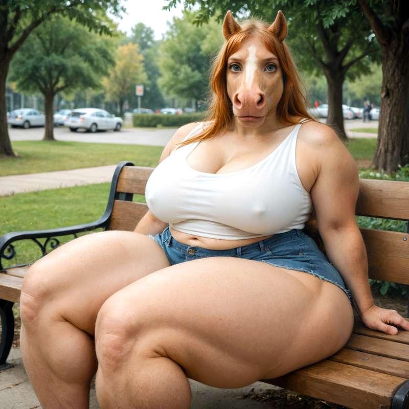Thick Redhead Horse on a Bench