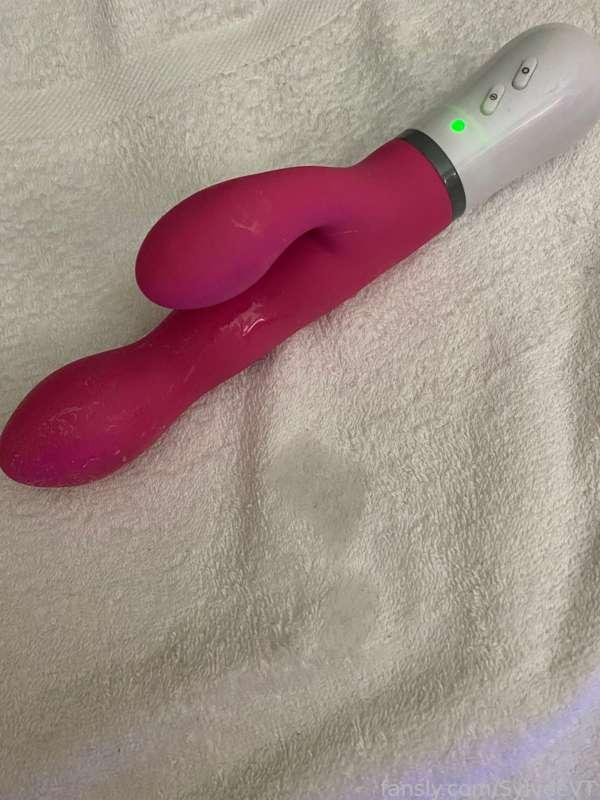 The aftermath of stream tonight… a soaked toy and some cum spots 🤤