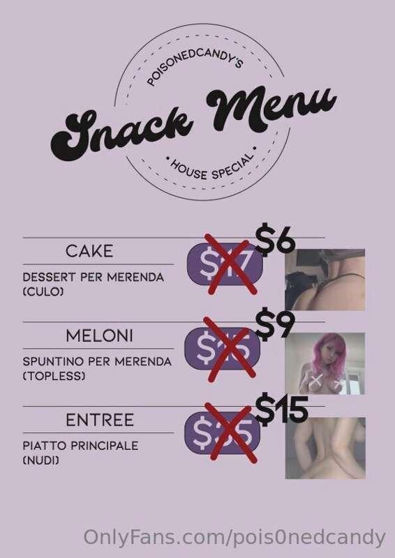 🍽 𝗦𝗡𝗔𝗖𝗞 𝗠𝗘𝗡𝗨 🍽

Il pranzo è servito! 𝗦𝗖𝗢𝗡𝗧𝗔𝗧𝗢!

𝗖𝗔𝗞𝗘 🎂
Desse..