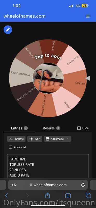SECRET WHEEL🤫 tip only $15 to spin💦!! just cause you’re spec..