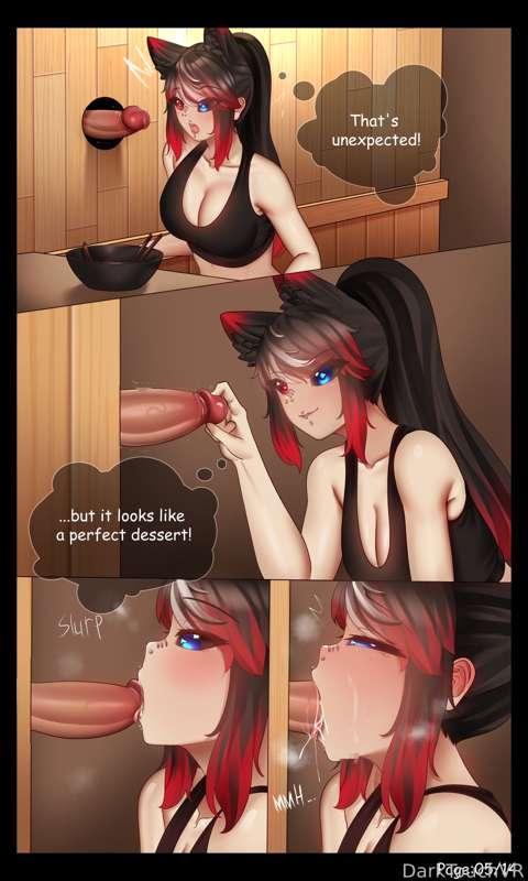 The visit at the noodle restaurant from @Nemo_Lewd continues. You will get every day one page for free! The uncensored version will be free for follow on my fansly page! I hope you guys enjoy 🖤