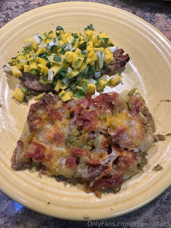 Mambo Chicken with Mango Salsa alongside Cuban crushed potat..