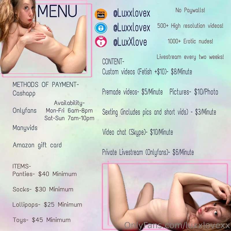 My updated menu! :)  DM me or any inquiries, questions, or c..