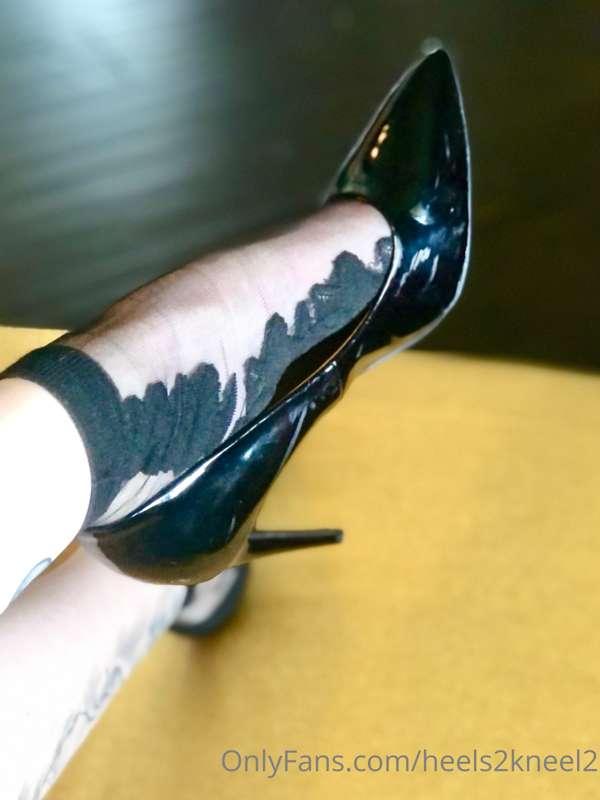 Silky embroidered black stocking socks, 3” shiny black heels..