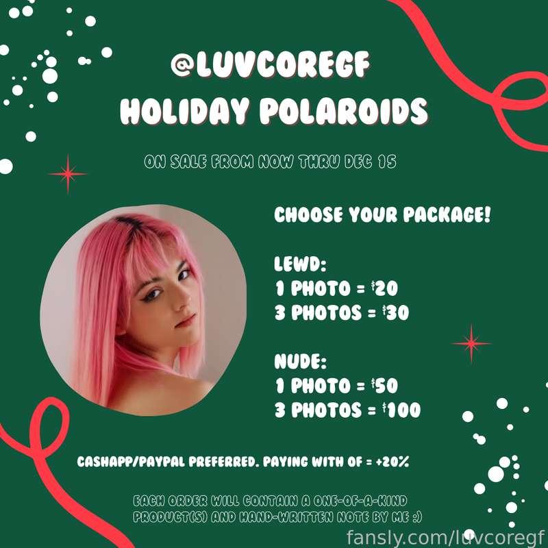 now accepting orders for christmas polaroids ^-^ this year i'm gonna do a cute festive outfit for the pics and i can't wait :3 please dm if you want to purchase! &lt;3 

(if you are international, you may have to cover shipping!)