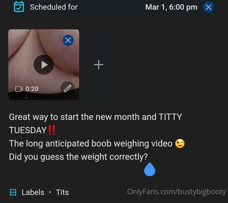 I just weighed my titties on video (posting this Tuesday) 🍒
..