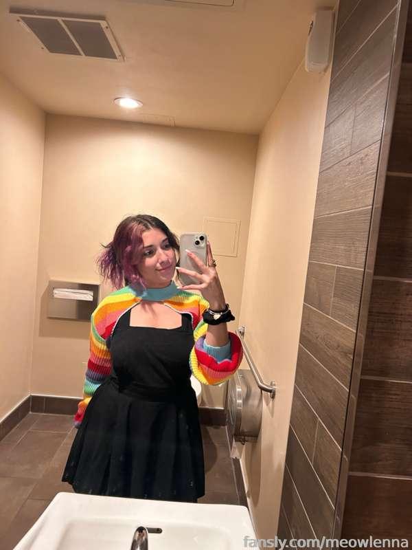 your cute lil girlfriend loves to take cute pee videos for you☺️💕 i went out to watch a movie with my parents and then got some dinner. i made sure to film a cute video in each bathroom ^.^ i hope you like how i include a small strip tease and dance for you ☺️ aren’t i the bestest? 🥹