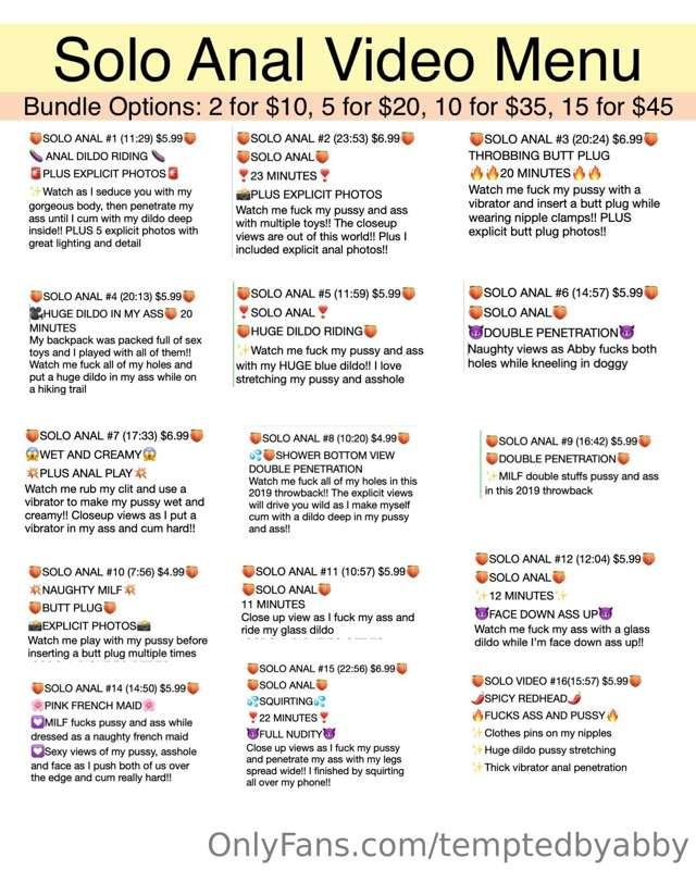 # SOLO ANAL VIDEO MENU

Hey babe!! I've been slowly updating..