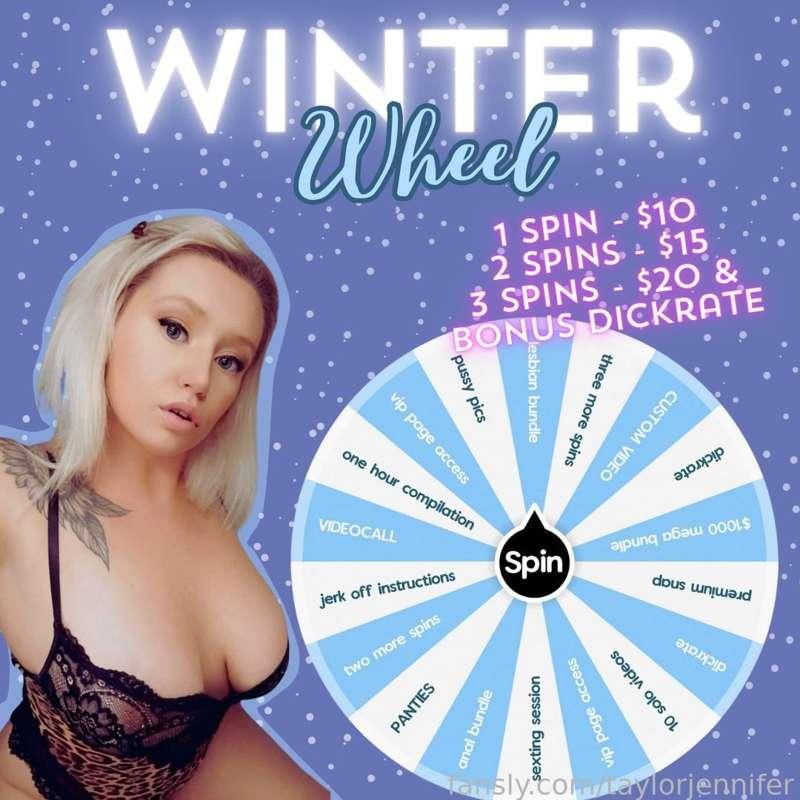 ❄️ 𝗪𝗜𝗡𝗧𝗘𝗥 𝗪𝗛𝗘𝗘𝗟 𝗜𝗦 𝗛𝗘𝗥𝗘 ❄️
brand new prizes ‼️

ONE SPIN • $10 
TWO SPINS • $15
THREE SPINS • $20 PLUS DICKRATE