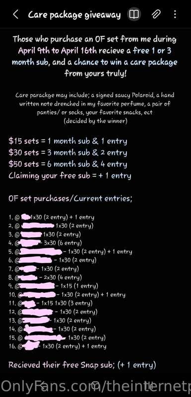 Update on the current entries for the carepackage giveaway!
..