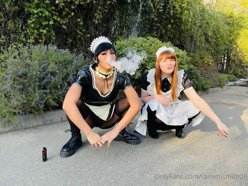Maids taking a smoke break, and goofing around outside with ..