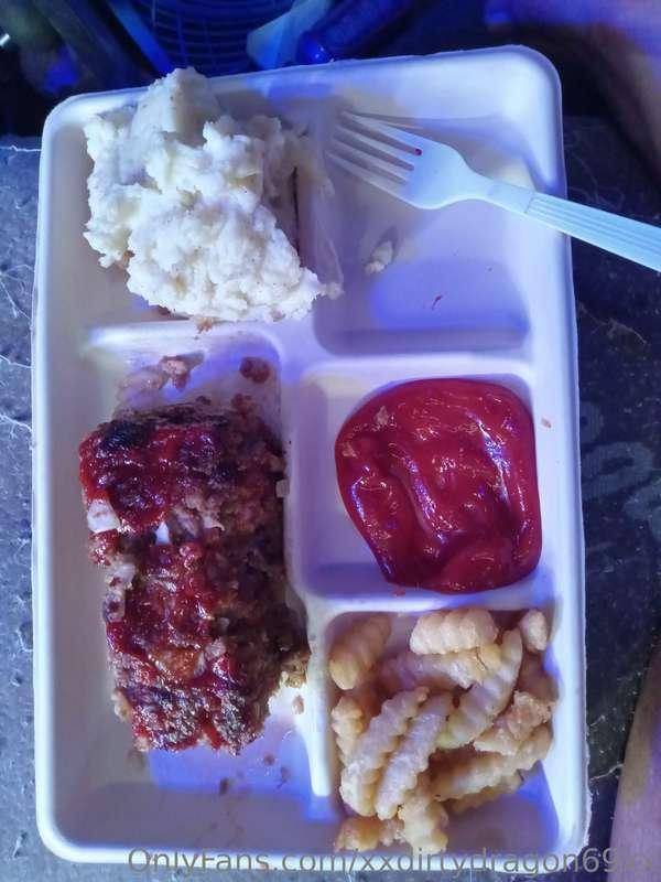 Home made meat loaf and mash taters with a side of fries