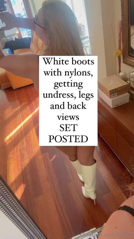 White boots with nylons, getting undress, legs and back view..