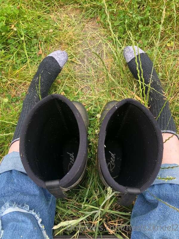 Farm chores complete: dirty, sweaty, hot, wool blend socks a..
