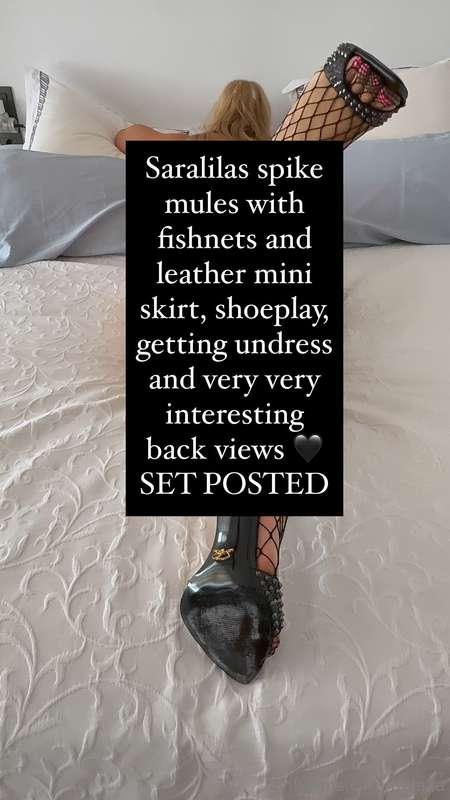 Saralilas spike mules with fishnets and leather mini skirt, ..