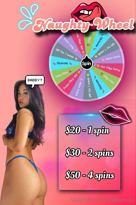 My naughty wheel! 🍑

🍒 To play: 

👅Tip $20 for 1 spin
👅Tip $..