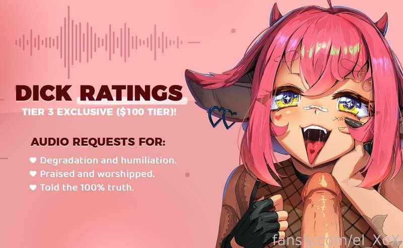 🍆 DICK RATINGS OR AUDIO REQUESTS FOR MAY 🍆
This will be exclusively for Tier 3 Degenerates only! ₍ᐢ..ᐢ₎ ♡

I also do 1 minute custom audios for Tier 3 Patreons (EL WHORESHIPPERS - $50)!
https://www.patreon.com/posts/103118664?pr=true

For Ratings:
The photo can be of anything: dick, ass, face, etc. Just share me a picture and let me know of your request! Examples in the thumbnail provided!

For custom audio:
♡ SCRIPT NEEDS to be provided!
♡ No more than 300 words!

Keep in mind all submissions will be a minimum of 1-3 minutes long! ♡

❗ The deadline for submissions will be: MAY 10TH!! You will receive your audio recording by MAY 28TH ❗