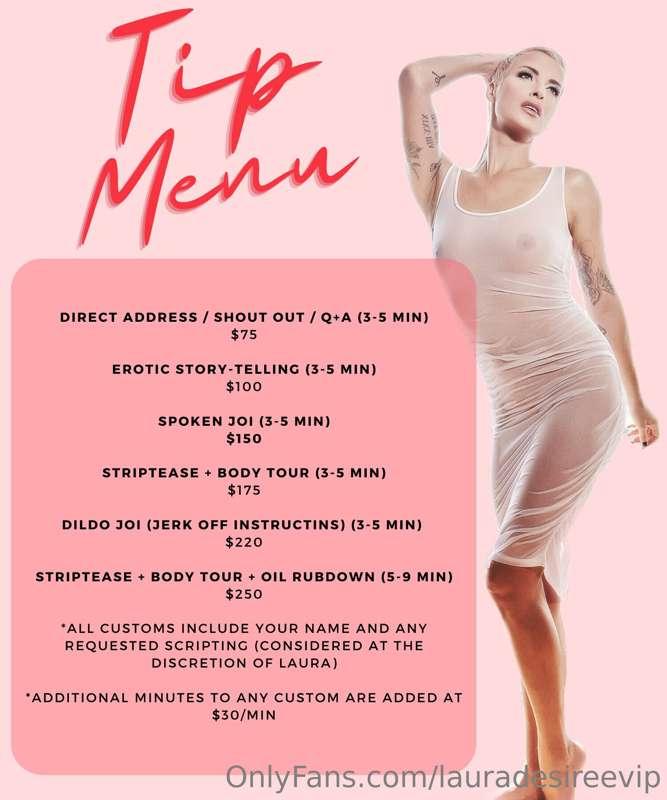 Here's my tip menu. Send me DMs with your requests 🥰😈