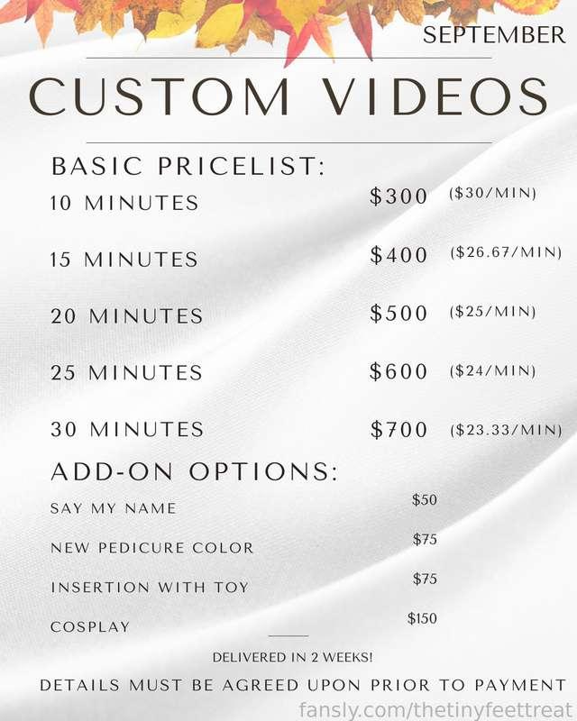 September custom video orders are now open!

DM me to get started on your order!

I only have 5 spaces available!

Videos delivered in 2 weeks!

***Details MUST be agreed upon prior to payment.***