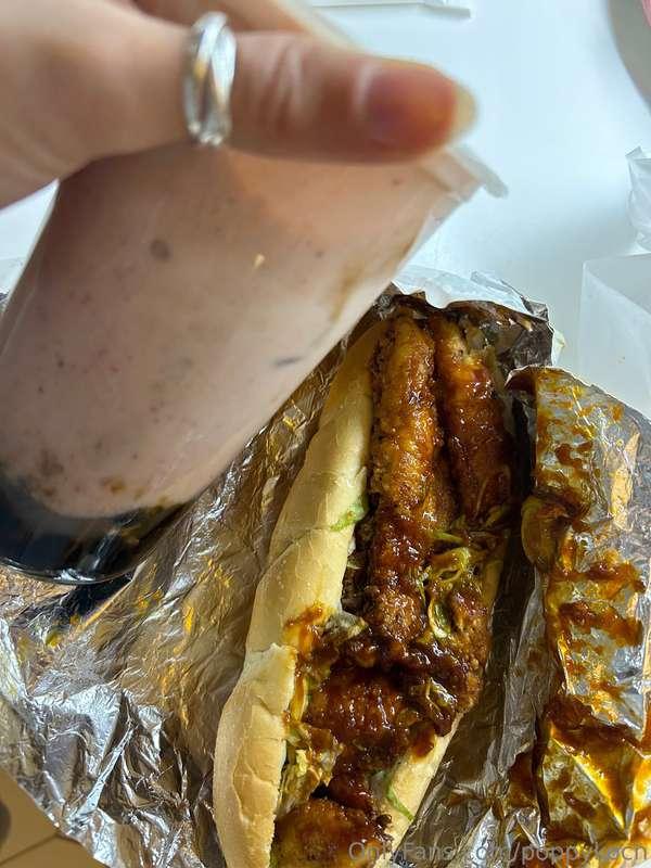 Cover my strawberry boba & Korean garlic chicken sandwich an..